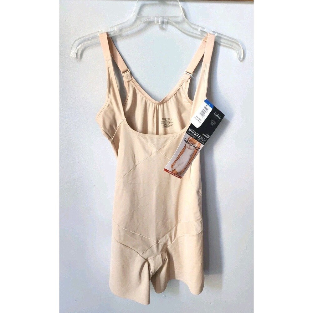 Miraclesuit Extra Firm Tummy Tuck Open Bust Bike Shorts Bodysuit Beige Size XL